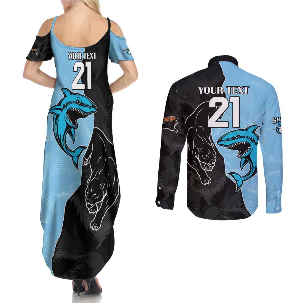 NRL Panthers-Shark Mascot Custom Couples Matching Summer Maxi Dress and Long Sleeve Button Shirt Cracked Metal Style