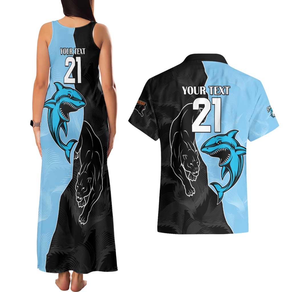 NRL Panthers-Shark Mascot Custom Couples Matching Tank Maxi Dress and Hawaiian Shirt Cracked Metal Style