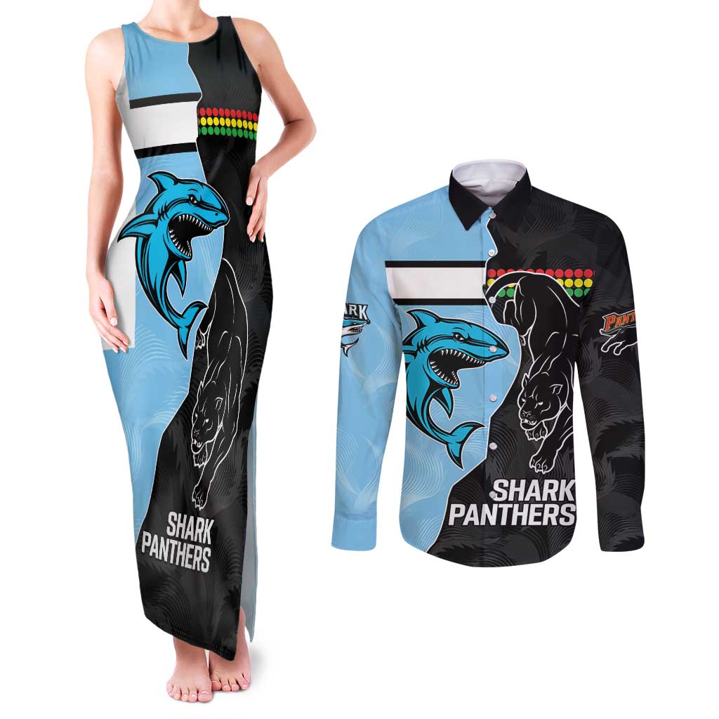 NRL Panthers-Shark Mascot Custom Couples Matching Tank Maxi Dress and Long Sleeve Button Shirt Cracked Metal Style
