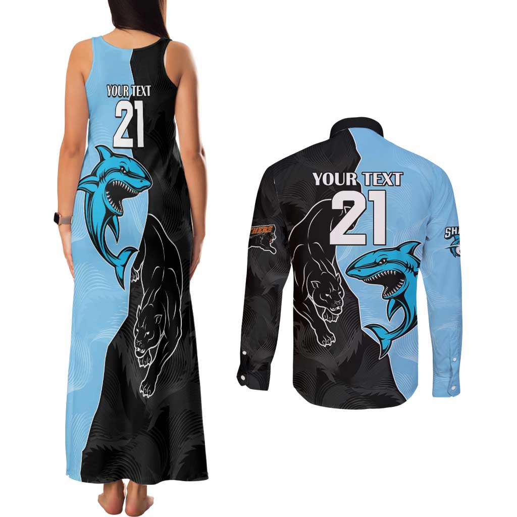 NRL Panthers-Shark Mascot Custom Couples Matching Tank Maxi Dress and Long Sleeve Button Shirt Cracked Metal Style