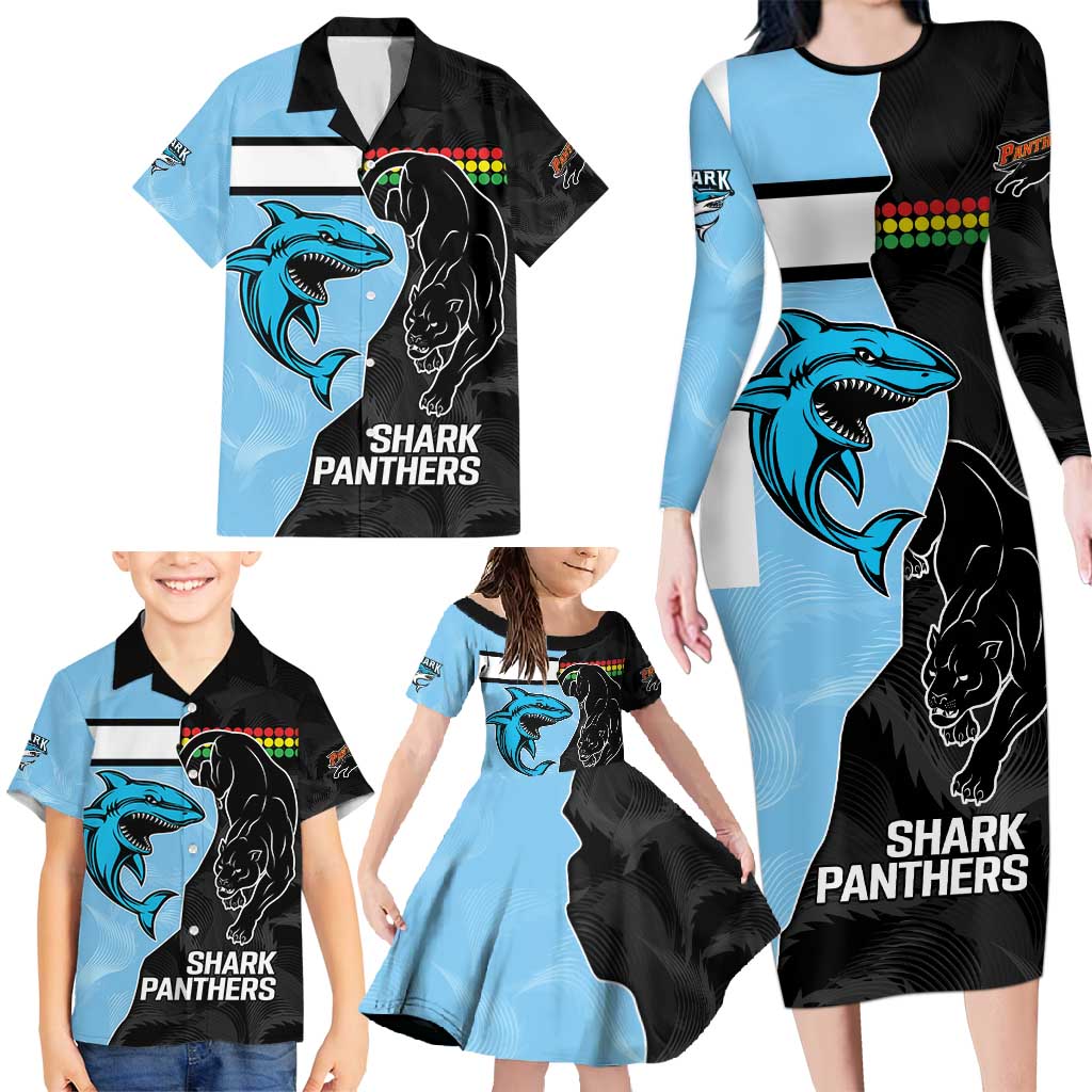 NRL Panthers-Shark Mascot Custom Family Matching Long Sleeve Bodycon Dress and Hawaiian Shirt Cracked Metal Style