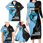 NRL Panthers-Shark Mascot Custom Family Matching Long Sleeve Bodycon Dress and Hawaiian Shirt Cracked Metal Style