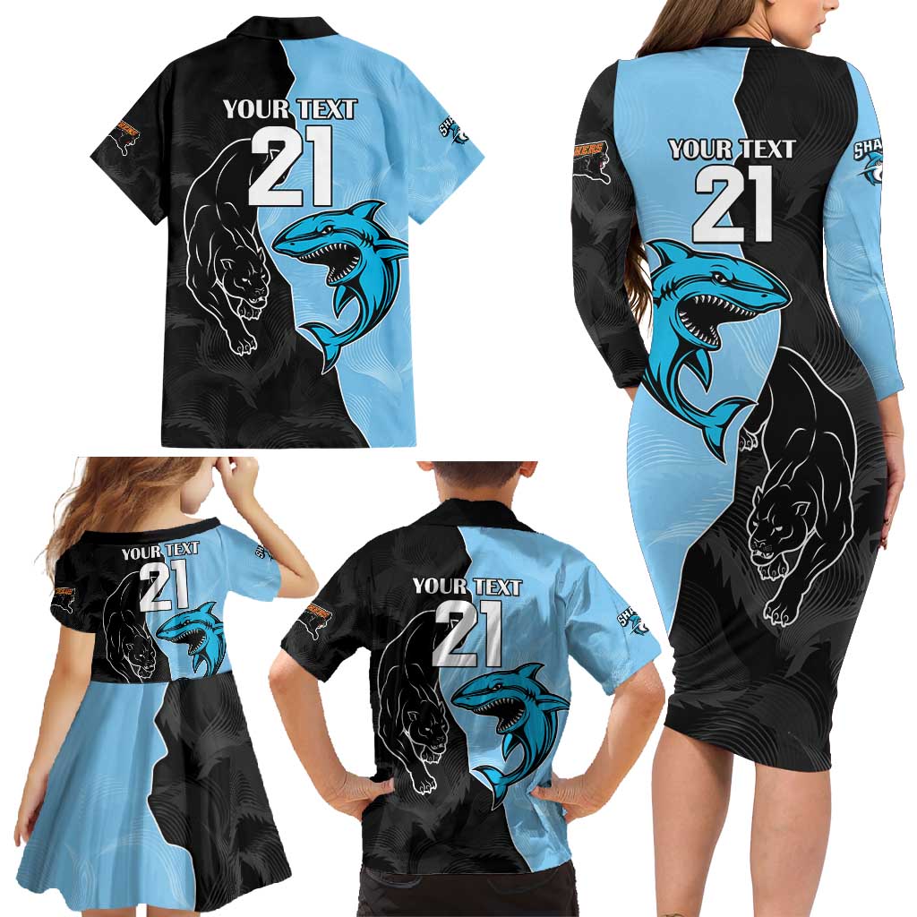 NRL Panthers-Shark Mascot Custom Family Matching Long Sleeve Bodycon Dress and Hawaiian Shirt Cracked Metal Style