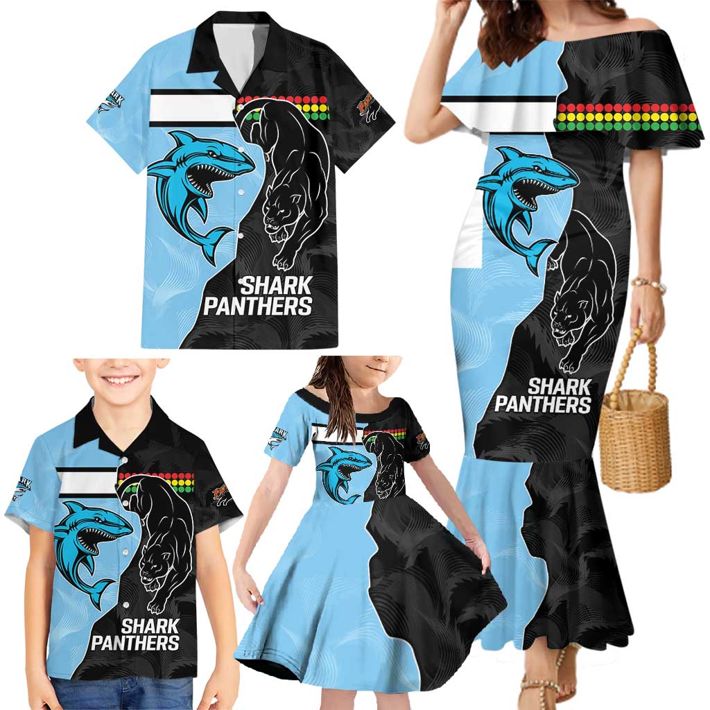 NRL Panthers-Shark Mascot Custom Family Matching Mermaid Dress and Hawaiian Shirt Cracked Metal Style