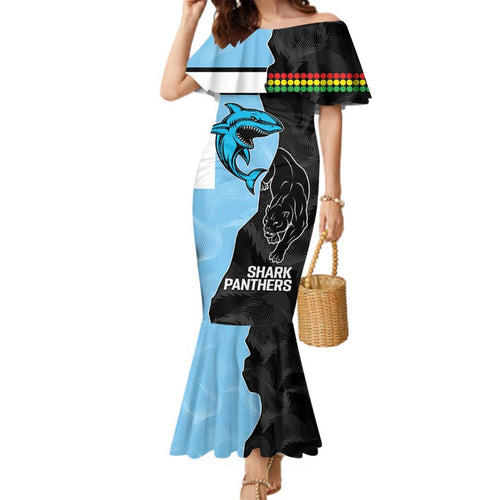 NRL Panthers-Shark Mascot Custom Family Matching Mermaid Dress and Hawaiian Shirt Cracked Metal Style