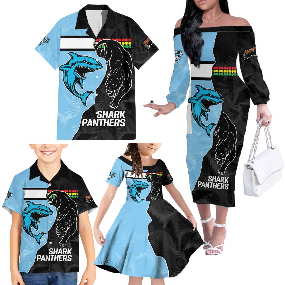 NRL Panthers-Shark Mascot Custom Family Matching Off The Shoulder Long Sleeve Dress and Hawaiian Shirt Cracked Metal Style