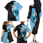 NRL Panthers-Shark Mascot Custom Family Matching Off The Shoulder Long Sleeve Dress and Hawaiian Shirt Cracked Metal Style
