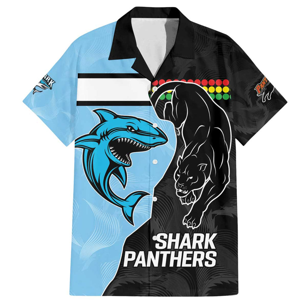 NRL Panthers-Shark Mascot Custom Family Matching Off The Shoulder Long Sleeve Dress and Hawaiian Shirt Cracked Metal Style