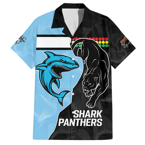 NRL Panthers-Shark Mascot Custom Family Matching Off The Shoulder Long Sleeve Dress and Hawaiian Shirt Cracked Metal Style
