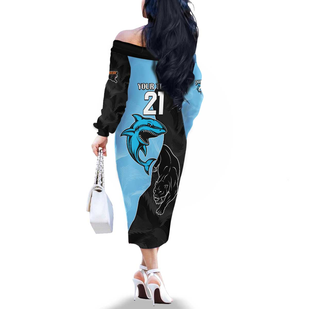 NRL Panthers-Shark Mascot Custom Family Matching Off The Shoulder Long Sleeve Dress and Hawaiian Shirt Cracked Metal Style