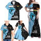 NRL Panthers-Shark Mascot Custom Family Matching Off Shoulder Maxi Dress and Hawaiian Shirt Cracked Metal Style