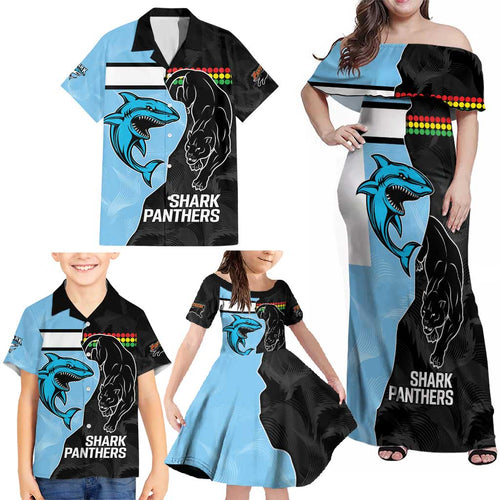NRL Panthers-Shark Mascot Custom Family Matching Off Shoulder Maxi Dress and Hawaiian Shirt Cracked Metal Style