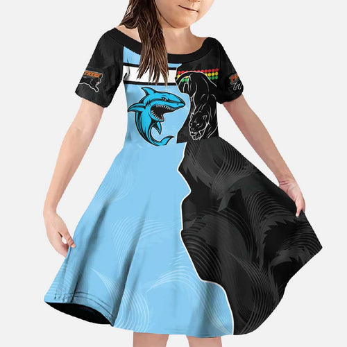NRL Panthers-Shark Mascot Custom Family Matching Off Shoulder Maxi Dress and Hawaiian Shirt Cracked Metal Style