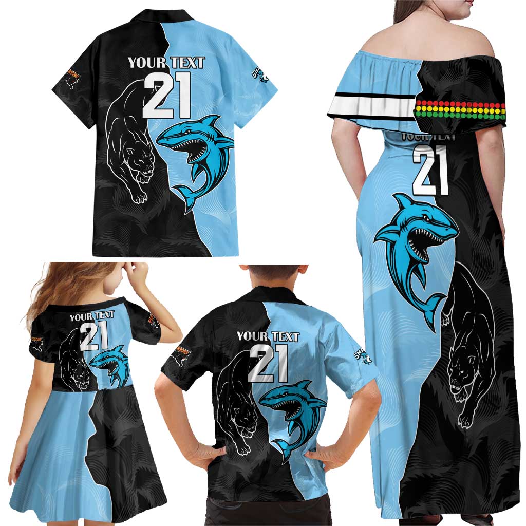 NRL Panthers-Shark Mascot Custom Family Matching Off Shoulder Maxi Dress and Hawaiian Shirt Cracked Metal Style