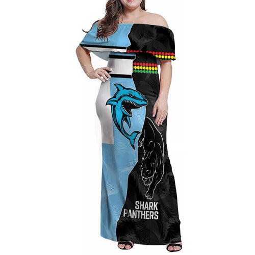 NRL Panthers-Shark Mascot Custom Family Matching Off Shoulder Maxi Dress and Hawaiian Shirt Cracked Metal Style