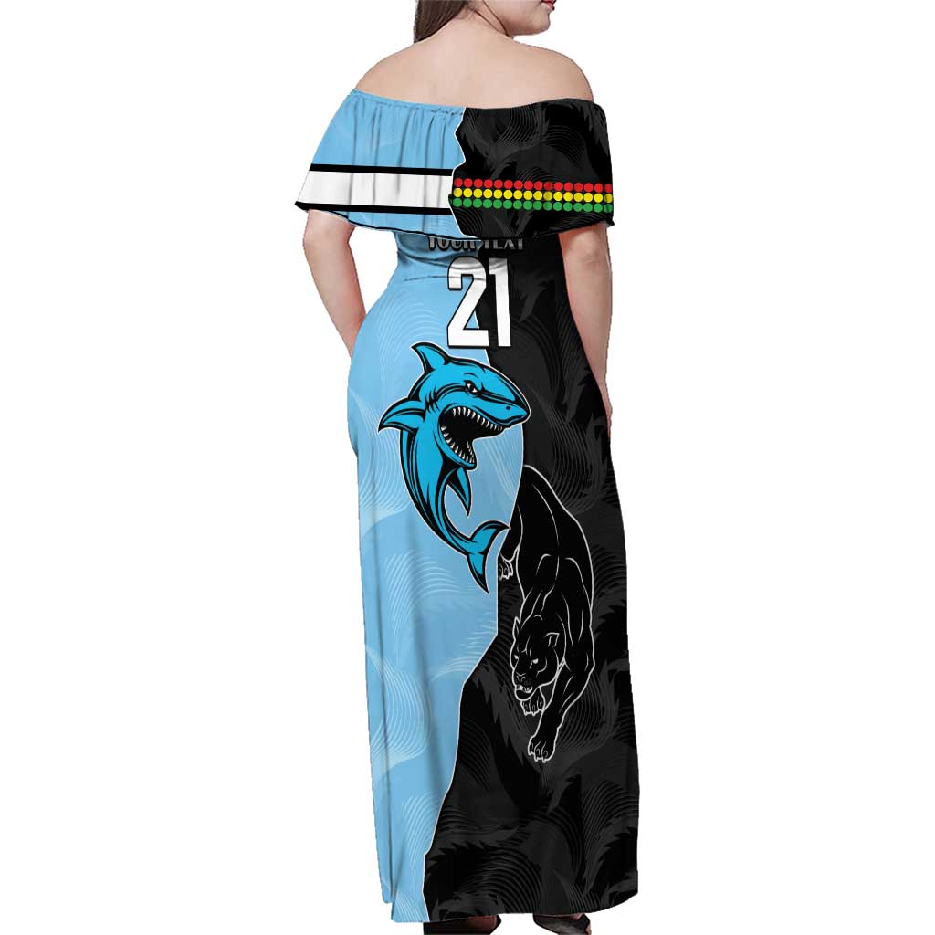 NRL Panthers-Shark Mascot Custom Family Matching Off Shoulder Maxi Dress and Hawaiian Shirt Cracked Metal Style