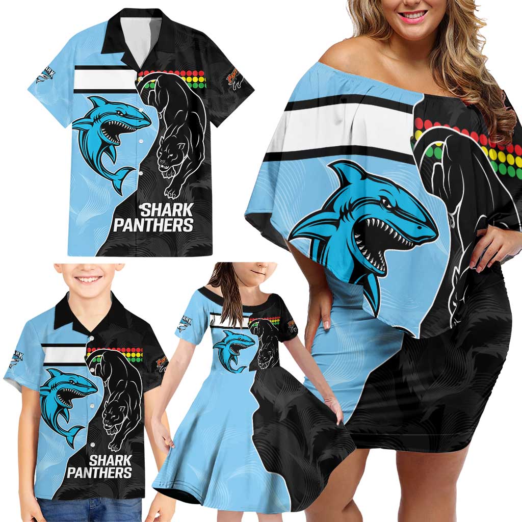 NRL Panthers-Shark Mascot Custom Family Matching Off Shoulder Short Dress and Hawaiian Shirt Cracked Metal Style