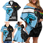 NRL Panthers-Shark Mascot Custom Family Matching Off Shoulder Short Dress and Hawaiian Shirt Cracked Metal Style