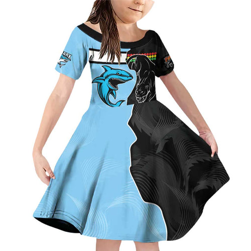 NRL Panthers-Shark Mascot Custom Family Matching Off Shoulder Short Dress and Hawaiian Shirt Cracked Metal Style