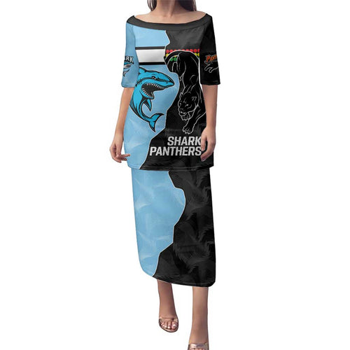 NRL Panthers-Shark Mascot Custom Family Matching Puletasi and Hawaiian Shirt Cracked Metal Style