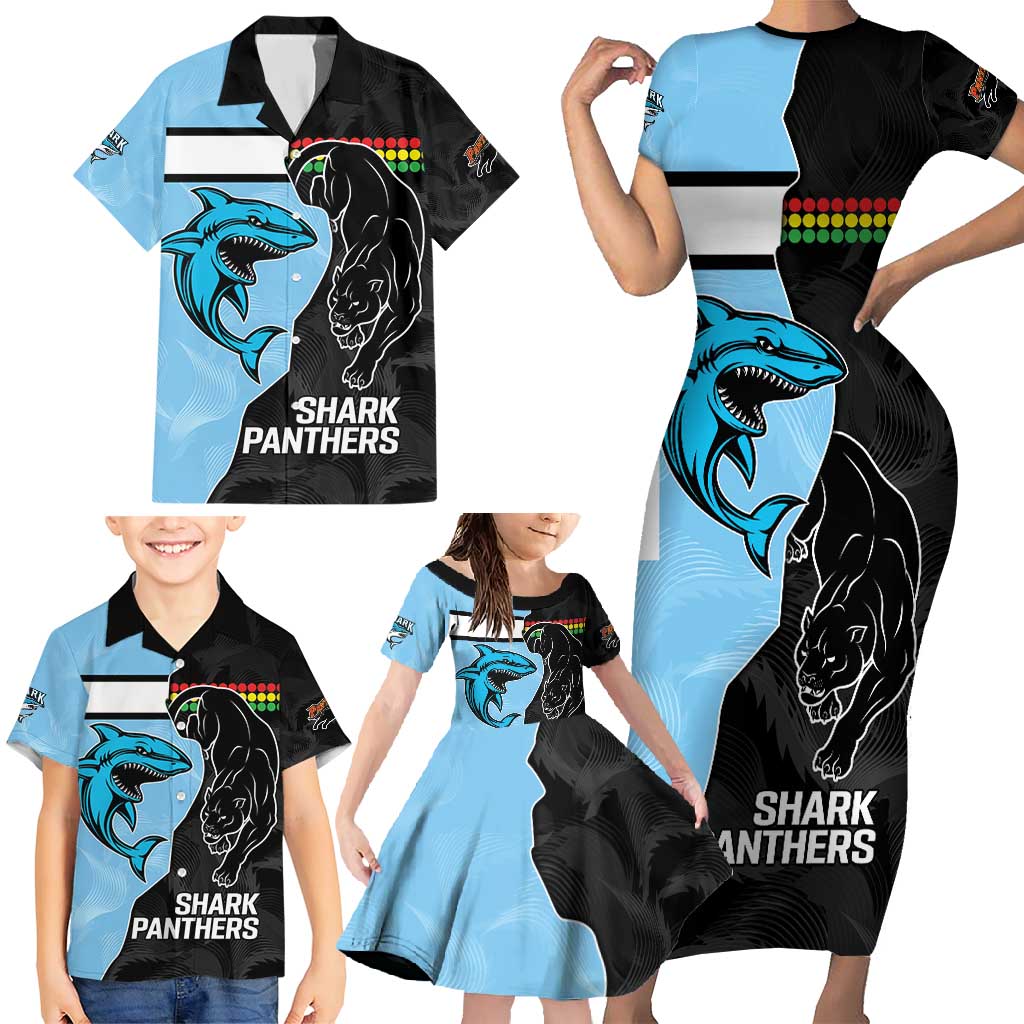 NRL Panthers-Shark Mascot Custom Family Matching Short Sleeve Bodycon Dress and Hawaiian Shirt Cracked Metal Style