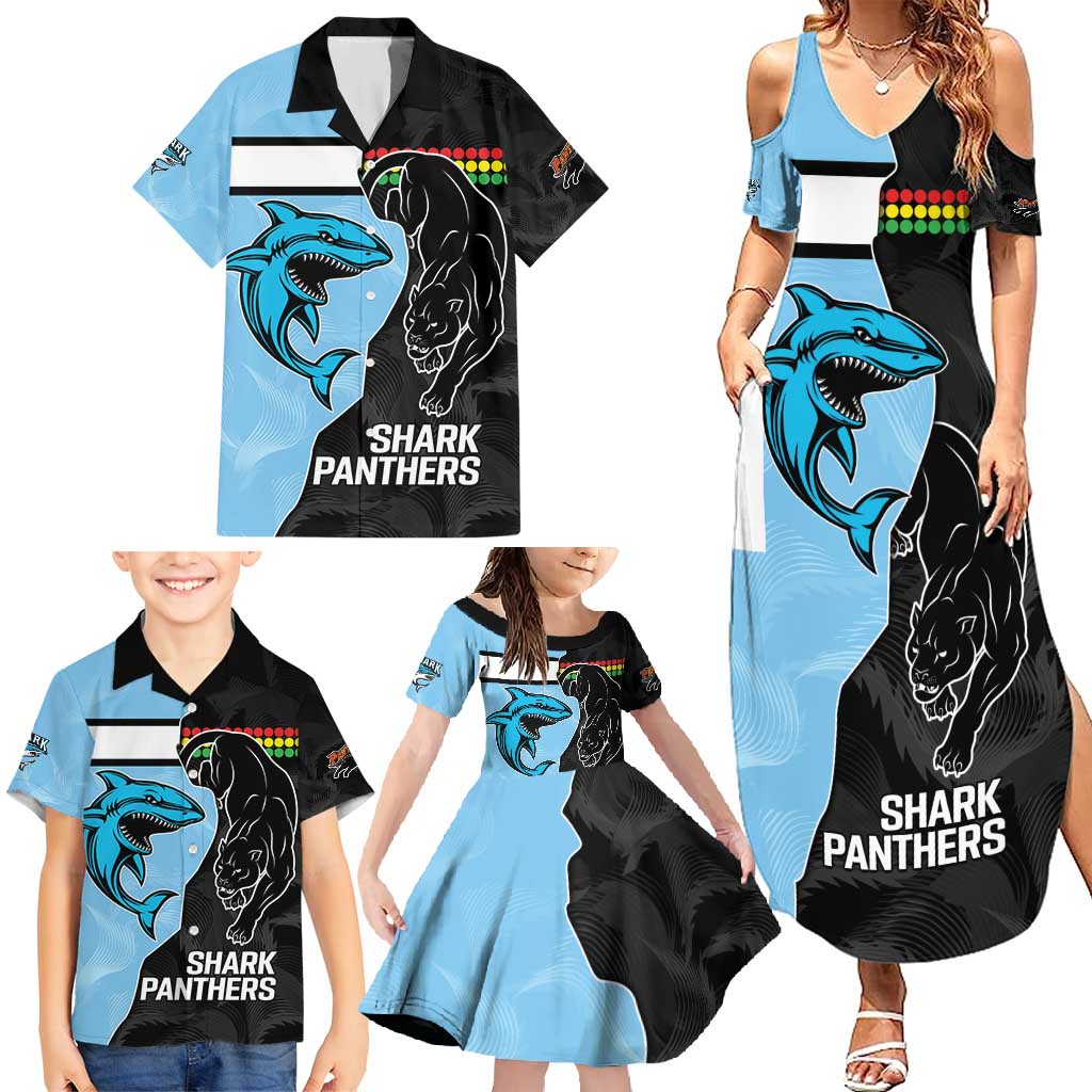 NRL Panthers-Shark Mascot Custom Family Matching Summer Maxi Dress and Hawaiian Shirt Cracked Metal Style