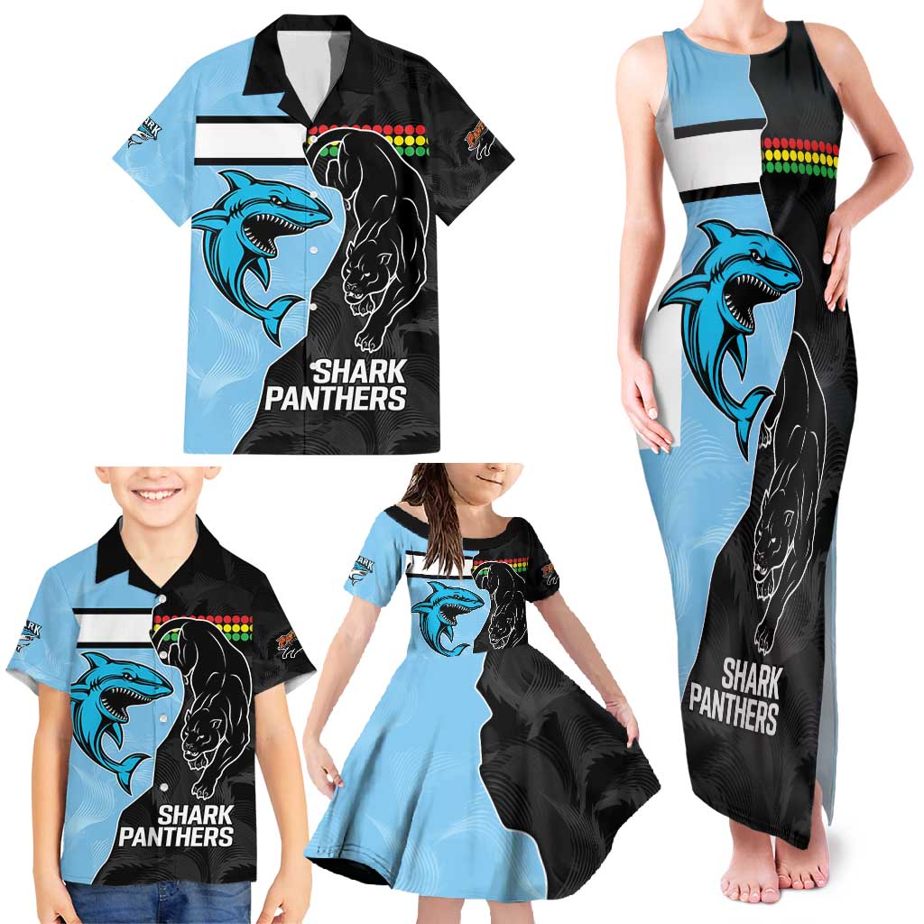 NRL Panthers-Shark Mascot Custom Family Matching Tank Maxi Dress and Hawaiian Shirt Cracked Metal Style
