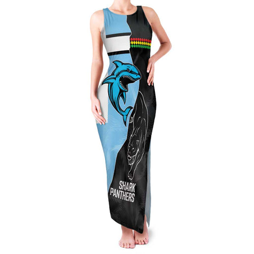 NRL Panthers-Shark Mascot Custom Family Matching Tank Maxi Dress and Hawaiian Shirt Cracked Metal Style