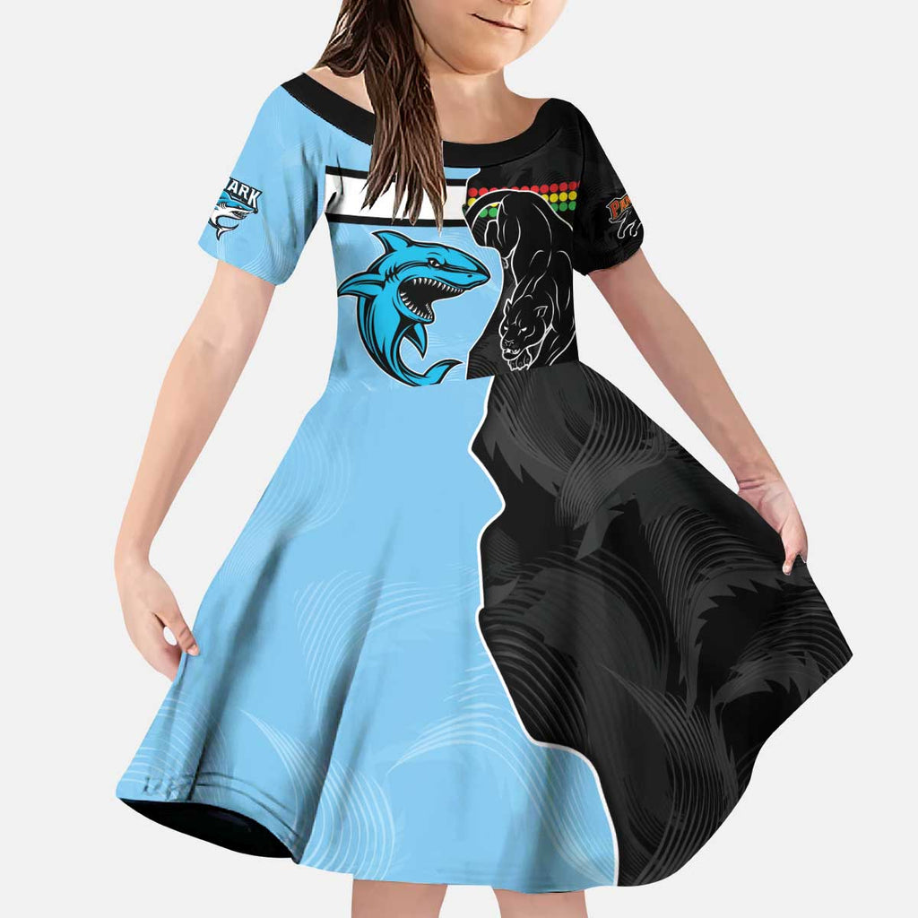 NRL Panthers-Shark Mascot Custom Kid Short Sleeve Dress Cracked Metal Style