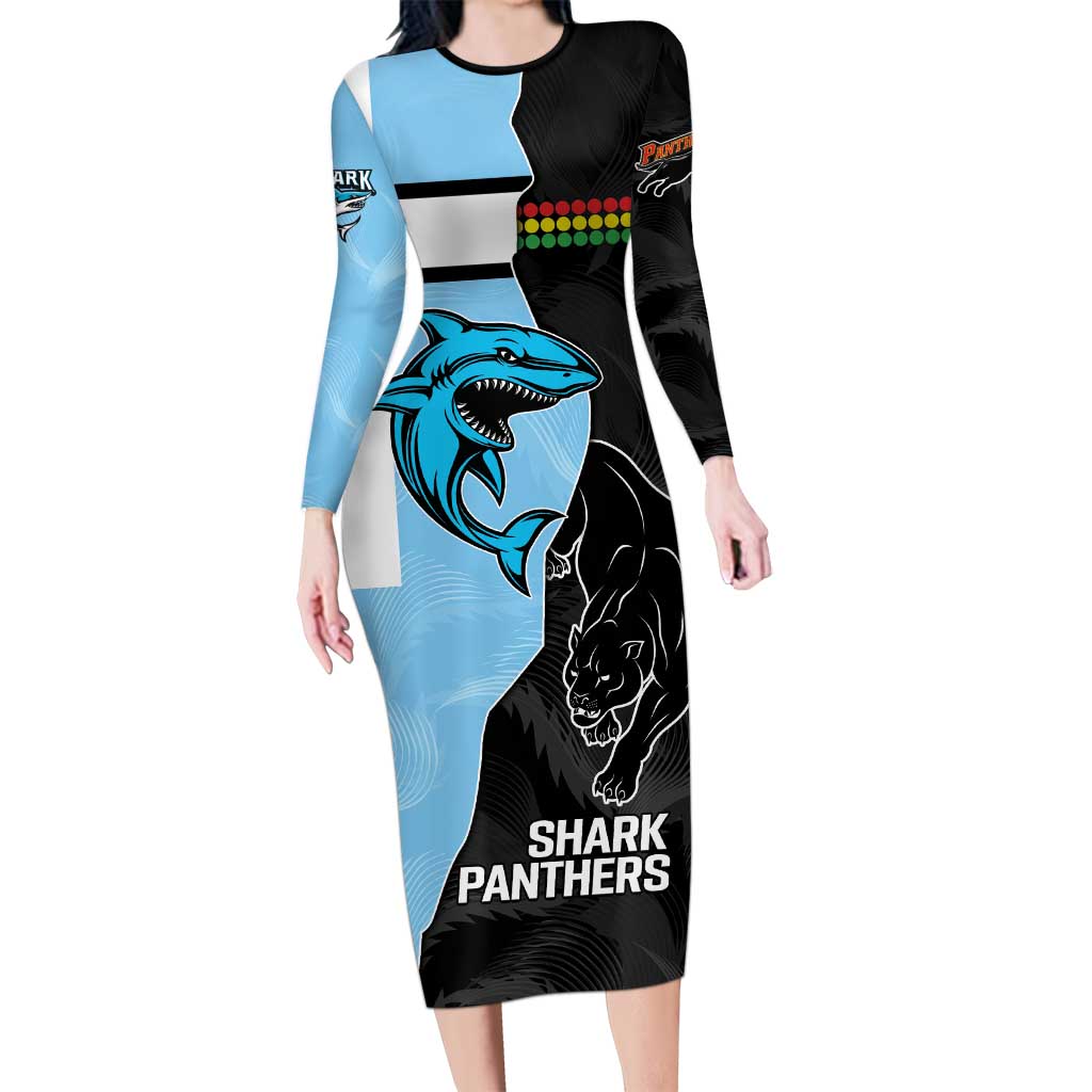 NRL Panthers-Shark Mascot Custom Long Sleeve Bodycon Dress Cracked Metal Style
