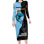 NRL Panthers-Shark Mascot Custom Long Sleeve Bodycon Dress Cracked Metal Style