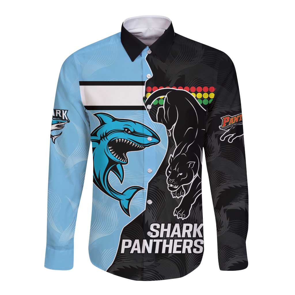NRL Panthers-Shark Mascot Custom Long Sleeve Button Shirt Cracked Metal Style