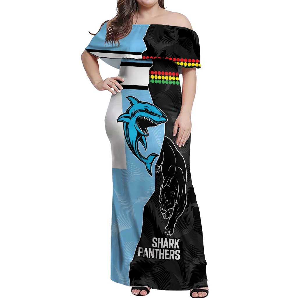 NRL Panthers-Shark Mascot Custom Off Shoulder Maxi Dress Cracked Metal Style