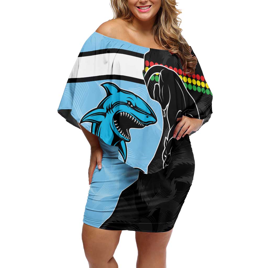 NRL Panthers-Shark Mascot Custom Off Shoulder Short Dress Cracked Metal Style