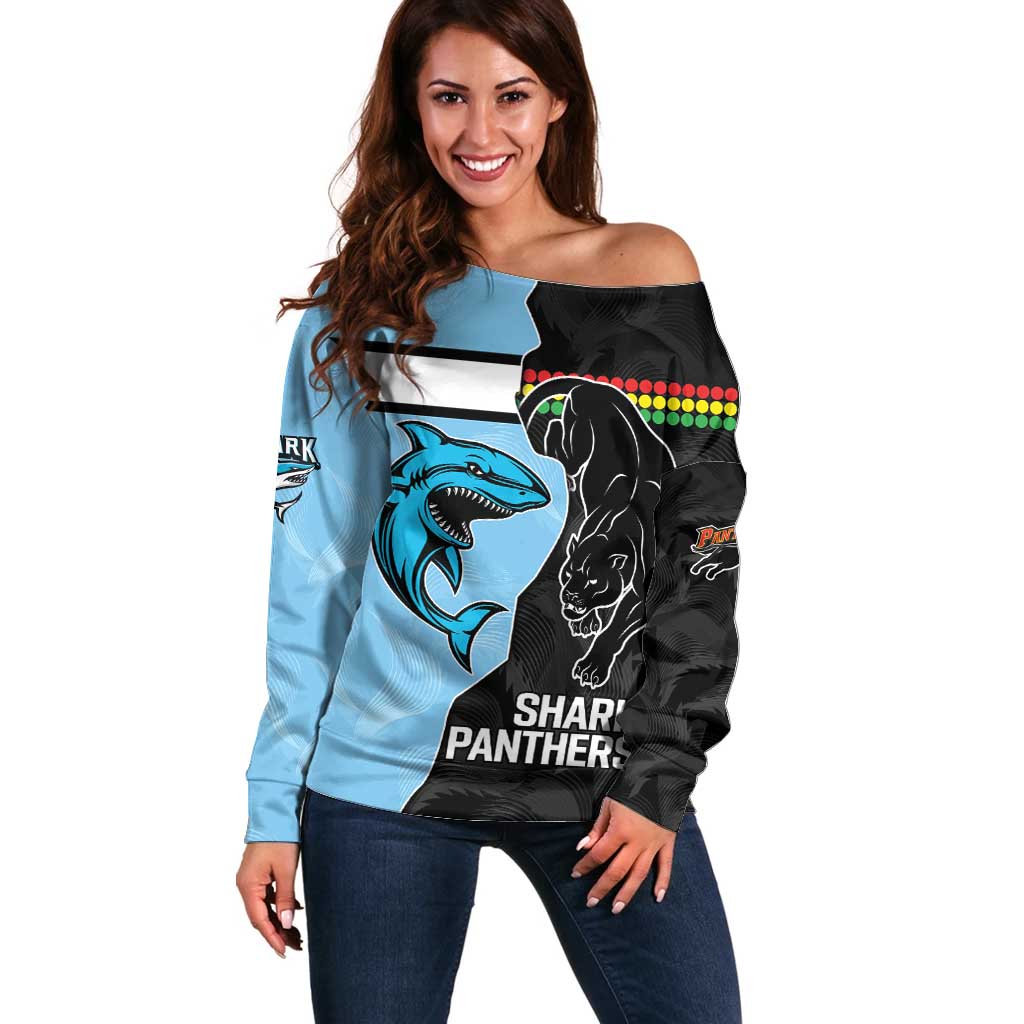 NRL Panthers-Shark Mascot Custom Off Shoulder Sweater Cracked Metal Style