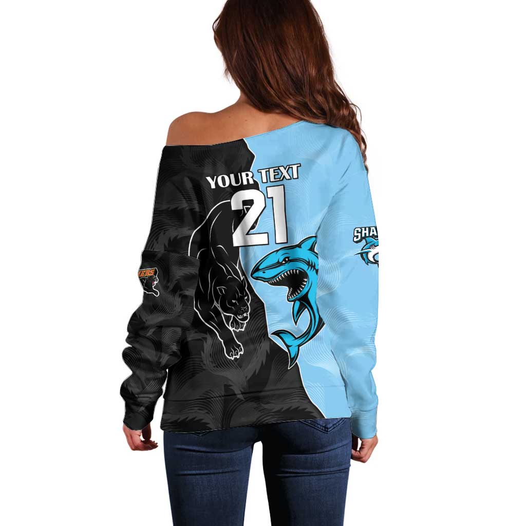 NRL Panthers-Shark Mascot Custom Off Shoulder Sweater Cracked Metal Style