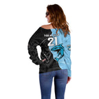 NRL Panthers-Shark Mascot Custom Off Shoulder Sweater Cracked Metal Style