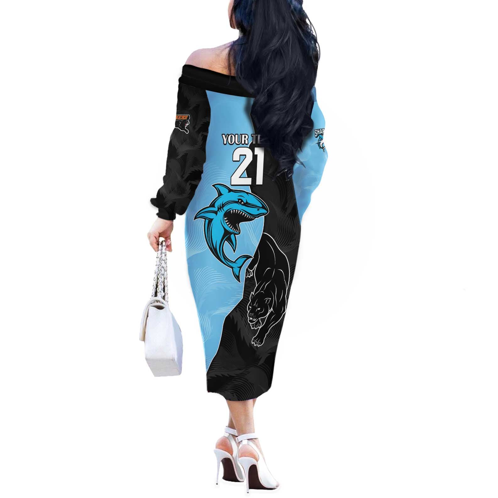 NRL Panthers-Shark Mascot Custom Off The Shoulder Long Sleeve Dress Cracked Metal Style
