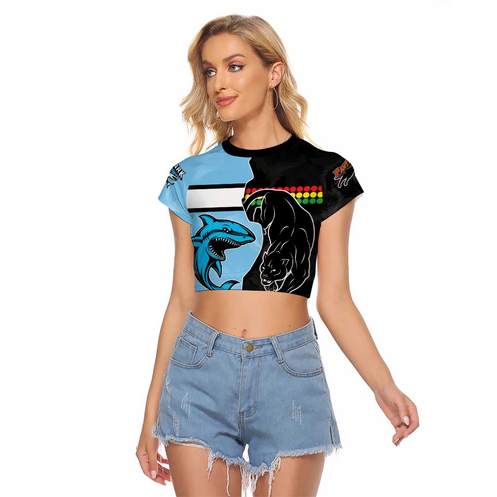 NRL Panthers-Shark Mascot Custom Raglan Cropped T Shirt Cracked Metal Style