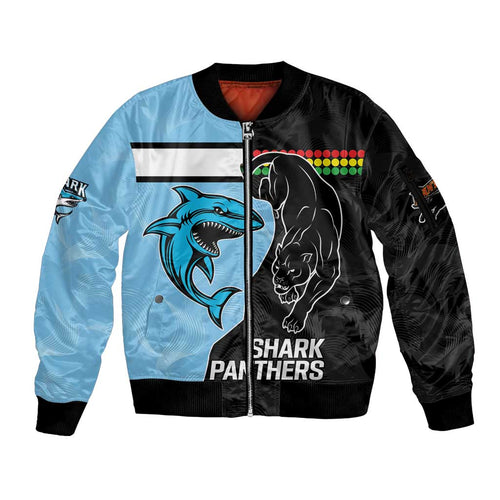 NRL Panthers-Shark Mascot Custom Sleeve Zip Bomber Jacket Cracked Metal Style