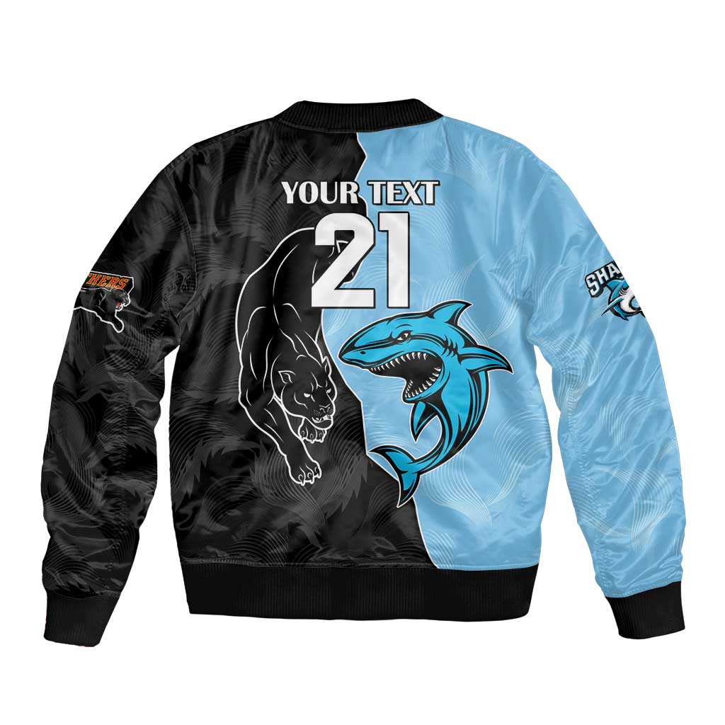 NRL Panthers-Shark Mascot Custom Sleeve Zip Bomber Jacket Cracked Metal Style