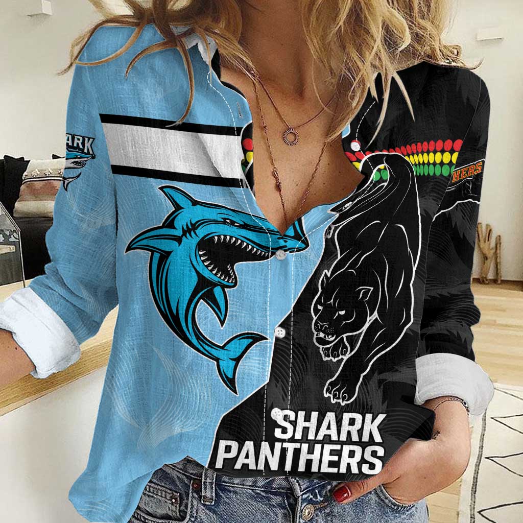 NRL Panthers-Shark Mascot Custom Women Casual Shirt Cracked Metal Style