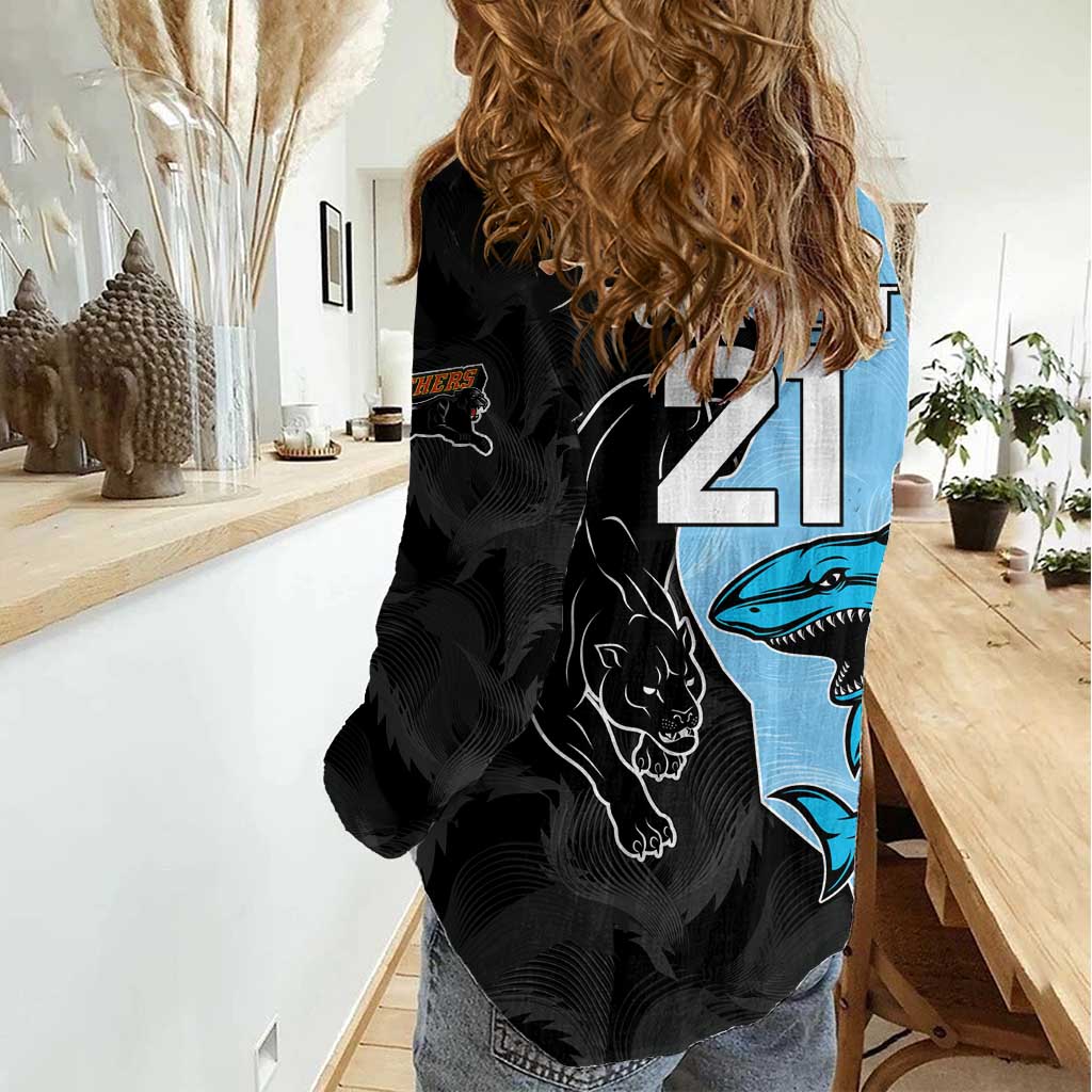 NRL Panthers-Shark Mascot Custom Women Casual Shirt Cracked Metal Style
