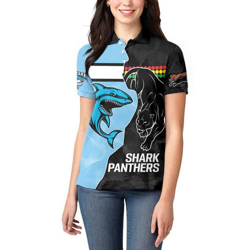 NRL Panthers-Shark Mascot Custom Women Polo Shirt Cracked Metal Style