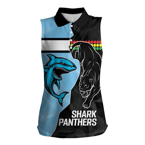 NRL Panthers-Shark Mascot Custom Women Sleeveless Polo Shirt Cracked Metal Style