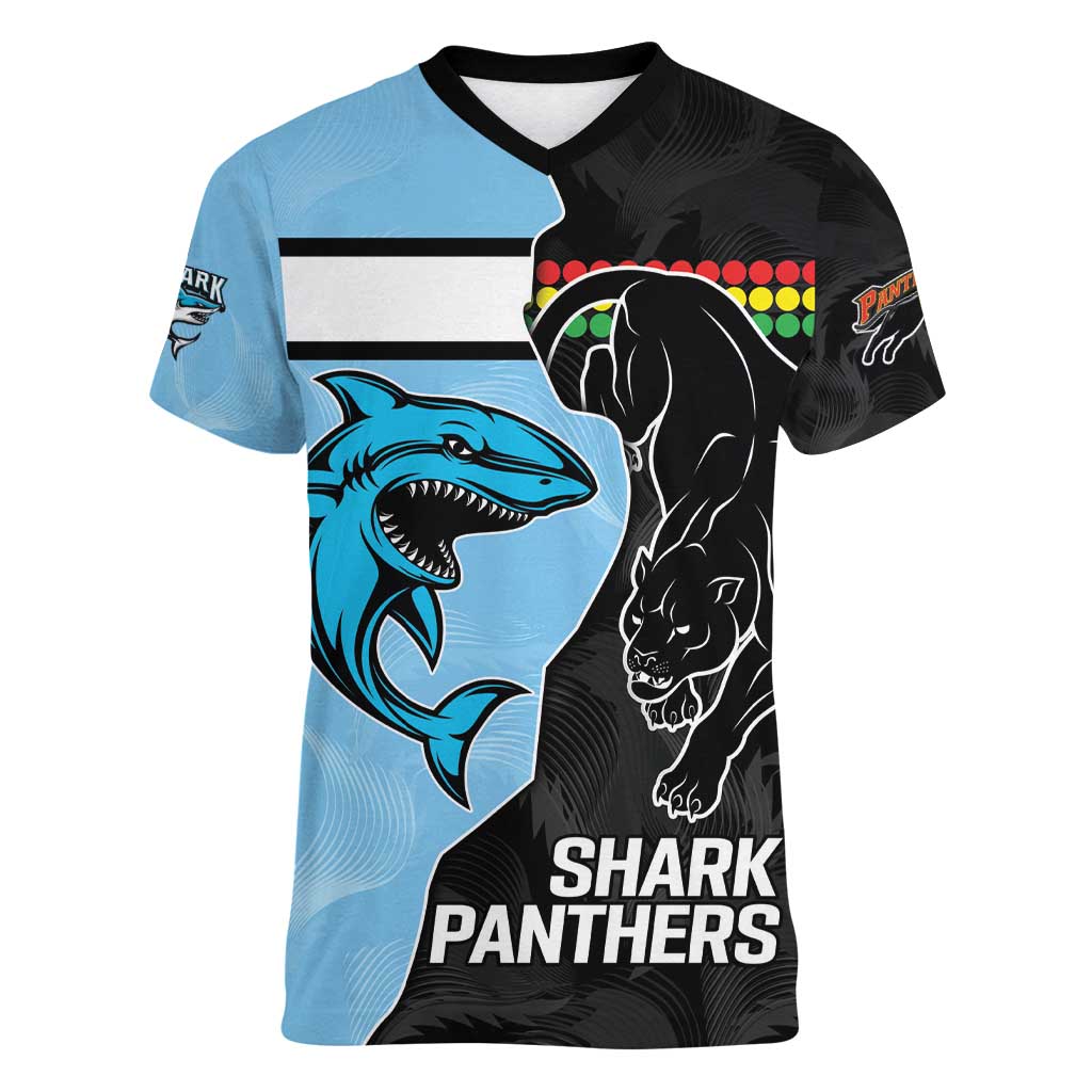 NRL Panthers-Shark Mascot Custom Women V-Neck T-Shirt Cracked Metal Style
