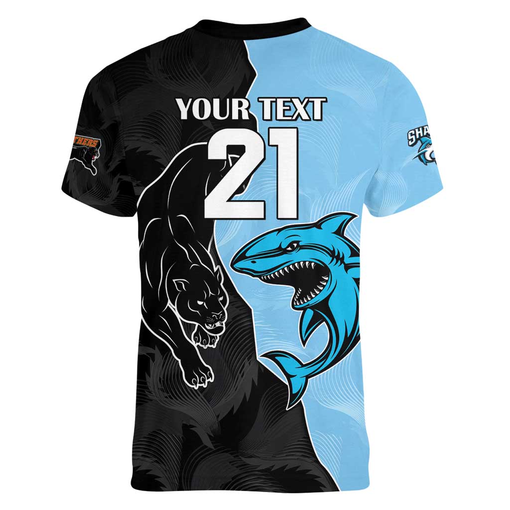 NRL Panthers-Shark Mascot Custom Women V-Neck T-Shirt Cracked Metal Style