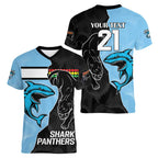 NRL Panthers-Shark Mascot Custom Women V-Neck T-Shirt Cracked Metal Style