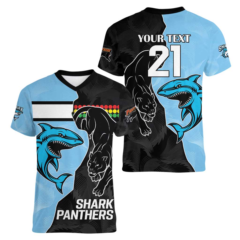 NRL Panthers-Shark Mascot Custom Women V-Neck T-Shirt Cracked Metal Style