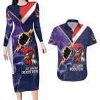 NRL Storm-Rooster Mascot Custom Couples Matching Long Sleeve Bodycon Dress and Hawaiian Shirt Cracked Metal Style